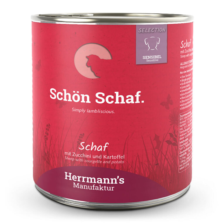 Herrmann's Selection Sensible Schaf mit Zucchini und Kartoffeln oder "Schön Schaf." Was ist drin? 50 % Schaf aus artgerechter Haltung als gut verträgliche Fleischalternative