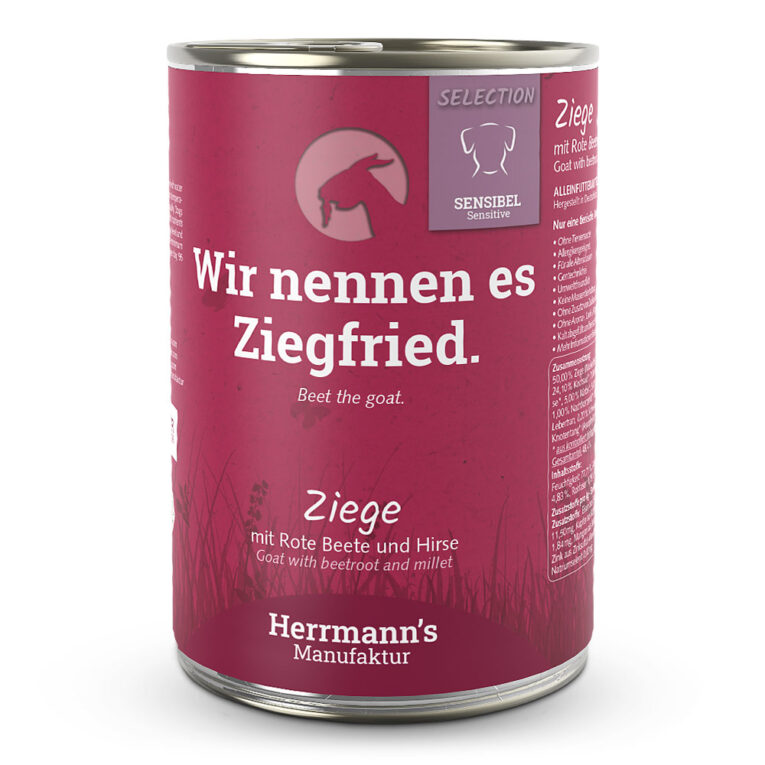 Herrmann's Selection Sensible Ziege mit rote Beete und Hirse oder "Wir nennen es Ziegfried" Was ist drin? 50 % Ziege (Muskelfleisch