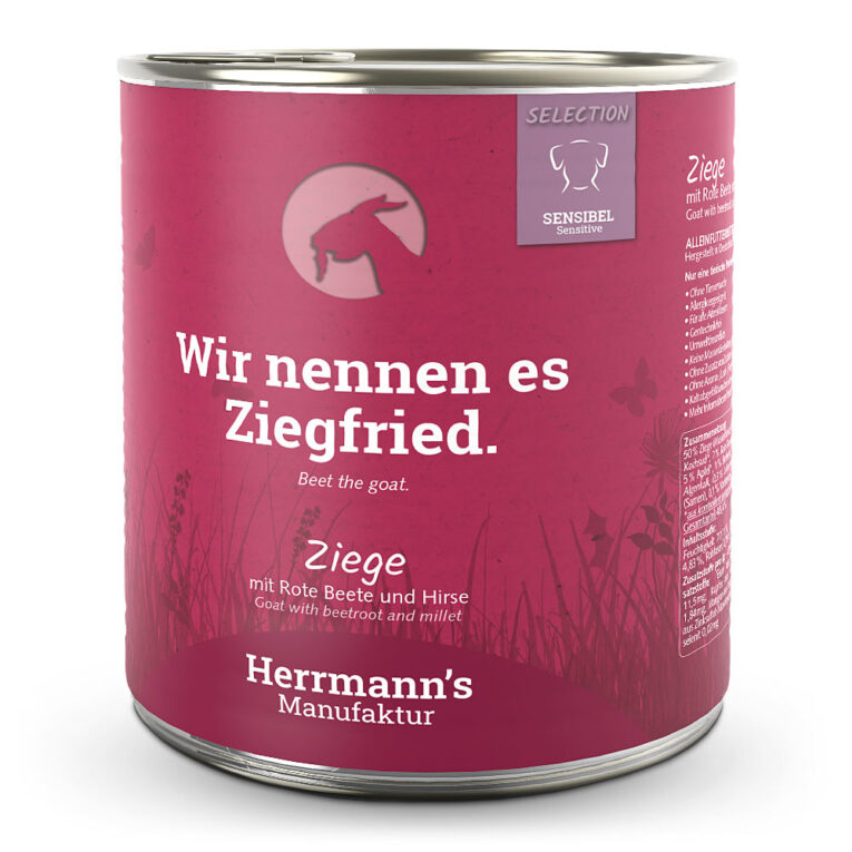 Herrmann's Selection Sensible Ziege mit rote Beete und Hirse oder "Wir nennen es Ziegfried" Was ist drin? 50 % Ziege (Muskelfleisch
