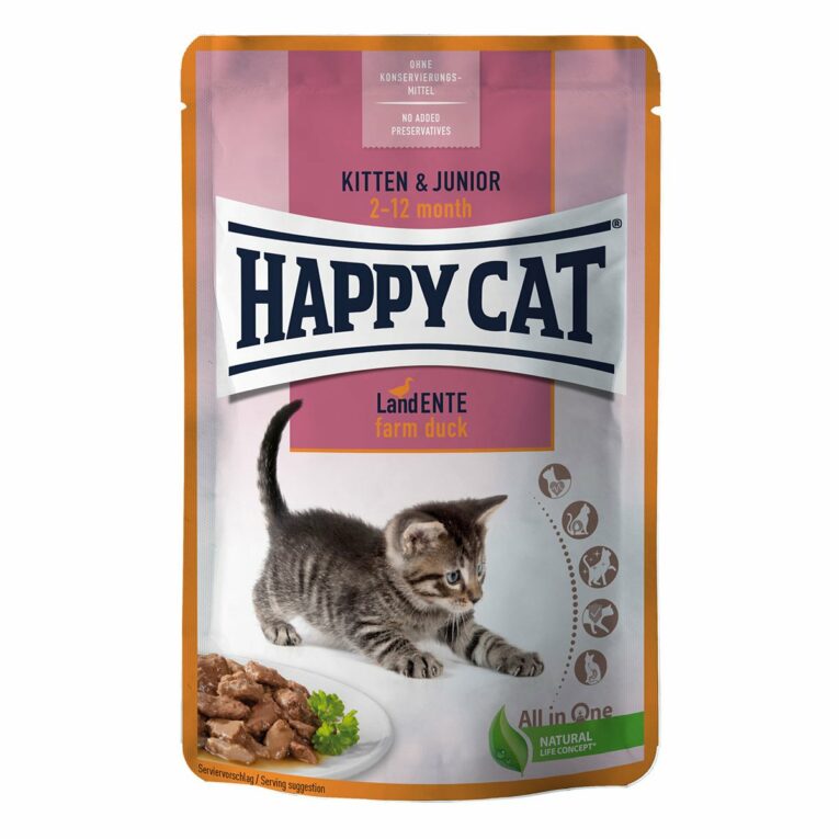 Happy Cat Kitten & Junior Land Ente Pouch 48x85g