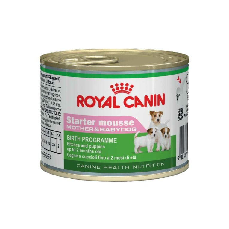 Royal Canin - Nassfutter - Canine Health Nutrition Starter Mousse Welpenfutter nass Royal Canin Canine Health Nutrition Starter Mousse Mother & Babydog ist ein Alleinfuttermittel für Hündinnen während der Trächtigkeit und Säugezeit und ihre Welpen. Das Nassfutter eignet sich für Welpen im Zeitraum von der Entwöhnungsphase bis zum 2. Lebensmonat. Die spezielle Rezeptur ist dabei auf den Nährstoffbedarf von Hündinnen während der Trächtigkeit und Säugezeit abgestimmt. Das Nassfutter Canine Health Nutrition Starter Mousse Mother & Babydog von Royal Canin versorgt dabei auch die Welpen während der Umgewöhnung von der Muttermilch zur festen Nahrung mit allen wichtigen Nährstoffen. Royal Canin Nassfutter bietet Ihrem Liebling eine maßgeschneiderte Ernährung