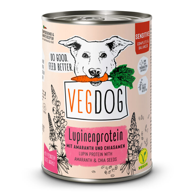 Vegdog Sensitive Lupinenprotein VEGDOG SENSITIVE LUPINENPROTEIN Nassfutter ist ein vollwertiges Alleinfuttermittel für ausgewachsene