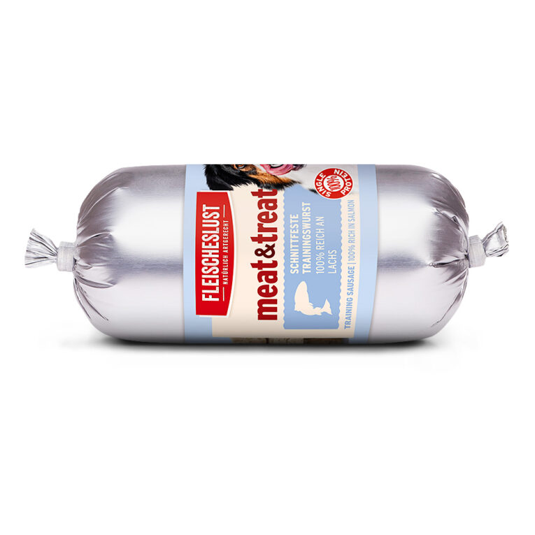 Fleischeslust - Hundesnack - meat & treat Trainingswurst Lachs (getreidefrei) Die meat & treat Trainingswurst von Fleischeslust ist ein gesunder und besonders leckerer Belohnungssnack fürs Training und für zwischendurch. Die Trainingswurst mit feinem Lachs ist für ausgewachsene Hunde jeden Alters und jeder Rasse geeignet. Die meat & treat Trainingswurst ist leicht portionierbar und schnittfest. Zudem ist sie frei von unerwünschten Zusatzstoffen