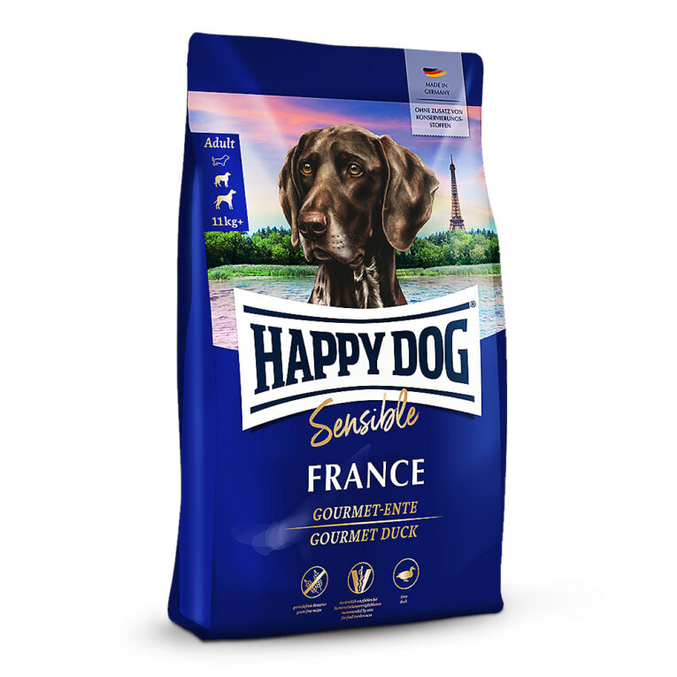 Happy Dog Supreme Sensible France Sorge mit der erlesenen Komposition von Happy Dog France für Genussmomente im Napf deines Lieblings. Die getreidefreie Rezeptur mit edler Gourmet-Ente ist besonders gut verträglich und wertvolle Omega-3- und -6-Fettsäuren unterstützen ein glänzendes Fell und eine intakte Haut deines Vierbeiners. Die auf dem einzigartigen Happy Dog Natural Life Concept® basierende Premium-Vollnahrung ist ideal geeignet für anspruchsvolle und ernährungssensible Feinschmecker mittlerer und großer Rassen. Mit unseren Happy Dog Supreme Sensible Produkten fütterst du beste Premium-Qualität “Made in Germany“ – hergestellt in unserem Familienbetrieb unter strengsten Qualitätskontrollen. Das Trockenfutter Supreme Sensible France von Happy Dog im Überblick: Getreidefreie Rezeptur Tierärztlich empfohlen bei Futtermittelunverträglichkeiten Nur eine tierische Proteinquelle (Ente)