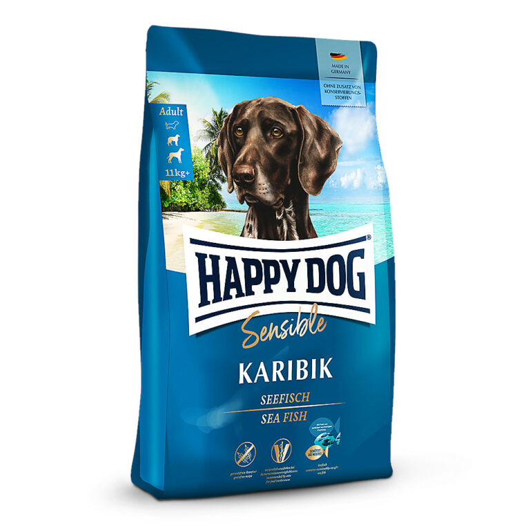 Happy Dog - Trockenfutter - Supreme Sensible Karibik (getreidefrei) Happy Dog Supreme Sensible Karibik bietet Ihrem Liebling mit seiner Rezeptur aus exklusiven Rohstoffen ein getreidefreies Monoproteinfutter. Das Trockenfutter enthält ausschließlich Seefisch aus nachhaltigem Fischfang als tierische Eiweißquelle sowie glutenfreie Kartoffeln. Aus diesem Grund ist das Futter sehr bekömmlich und für ernährungssensible Hunde mit Futtermittelunverträglichkeiten geeignet. Die ausgewogene Rezeptur wird zudem ohne Lamm
