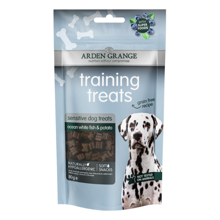 Arden Grange Training Treats Grain Free - Frischer Meeresweißfisch & Kartoffel Dies ist ein Ergänzungsfuttermittel für Hunde und Welpen ab 8 Wochen mit besonders empfindlicher Haut oder Verdauung