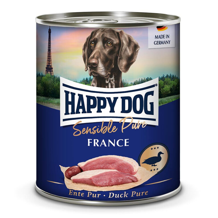 Happy Dog Sensible Pure France (Ente) 800 g Das getreidefreie Happy Dog Nassfutter Ente ist für ausgewachsene Hunde aller Rassen geeignet und ideal zur Fütterung von sensiblen Hunden. Das Monoproteinfutter enthält Ente als einzige Proteinquelle und wird ergänzt durch lebenswichtige Vitamine und Mineralstoffe. Durch die Zugabe von Vitamin E kann das Immunsystem Ihres Lieblings unterstützt werden. Die Rezeptur von Happy Dog ist dabei komplett frei von Soja oder sonstigen pflanzlichen Zusätzen und besteht nur aus 100% Entenfeisch und Innereien. So ist das Futter besonders verträglich und auch für Hunde mit Futtermittelunverträglichkeiten geeignet. Das Nassfutter kann außerdem hervorragend mit den Happy Dog Flocken für eine extra Portion Ballaststoffe kombiniert werden. Happy Dog Nassfutter Pur wird in Deutschland hergestellt. Es wird ausschließlich tierisches Protein aus frischem Fleisch für die Produktion verwendet und komplett auf Konservierungs- und Farbstoffe verzichtet. Die Single Protein Rezepturen des Happy Dog Nassfutters sind zudem alle frei von Getreide
