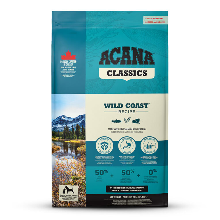 Acana - Trockenfutter - Classics Wild Coast Acana Classics Wild Coast ist auf die Ernährung für Hunde in allen Lebensphasen abgestimmt und versorgt Ihren Hund mit wertvollen Nährstoffen für ein gesundes und aktives Hundeleben. Deshalb enthält Acana Classics Wild Coast viel Protein aus nahrhaftem