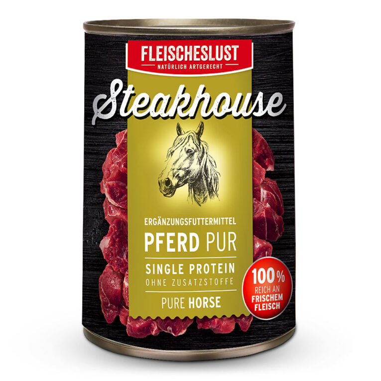 Fleischeslust - Nassfutter - Steakhouse Pferd Pur Besonders bei futtersensiblen Hunden muss man auf eine passende Ernährung achten um für ein optimales Wohlgefühl Ihres Vierbeiners zu sorgen. Die Auswahl des richtigen Hundefutters sollte dabei nach den natürlichen Ernährungsbedürfnissen des Hundes erfolgen. Vor allem ernährungssensible Hunde bedürfen oftmals einer einzigen Proteinquelle. Fleischeslust Steakhouse Pferd Pur bietet Qualitätsfleisch mit bestem Geschmack und leidenschaftlichem Genuss für Ihren Liebling. Hier wissen Sie genau was drinnen ist: 100% Fleisch. Steakhouse Pferd Pur ist nicht nur zum BARFen geeignet