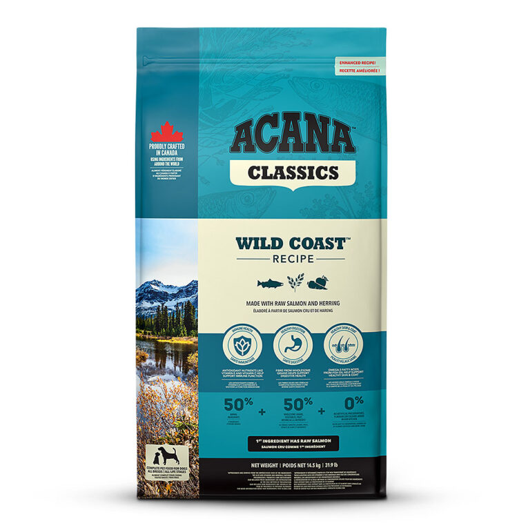 Acana - Trockenfutter - Classics Wild Coast ACANA™ Wild Coast enthält nahrhaftes Protein und Omega-Fettsäuren von wild gefangenem Hering und Seehecht. Für die Unterstützung von gesunder Haut und glänzendem Fell. Das Acana Classics Wild Coast Trockenfutter zeichnet sich aus durch: 50 % hochwertige tierische Zutaten Protein- & nährstoffreich Proteine von 3 verschiedenen Fischsorten von Lieferanten
