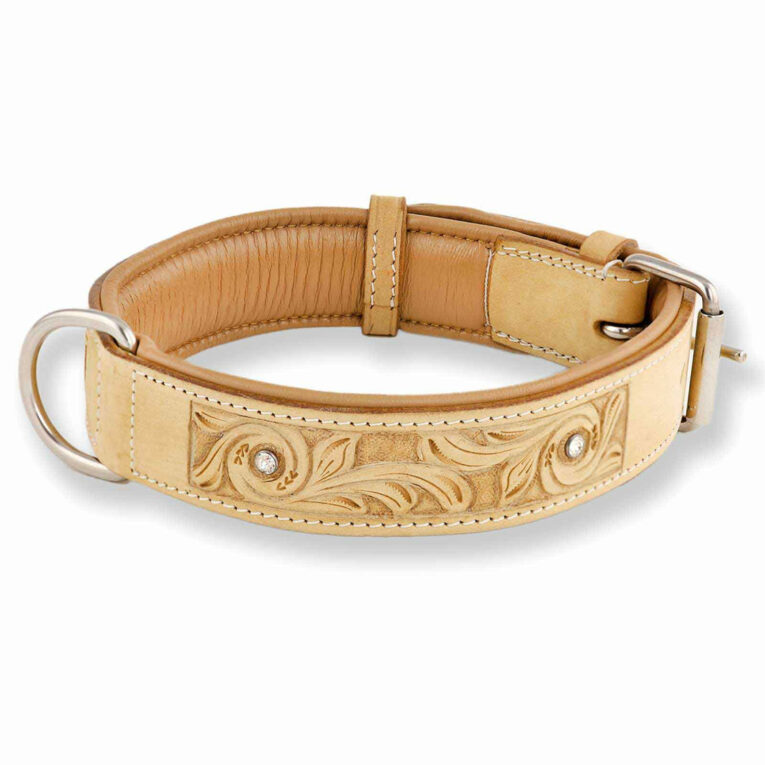 Hundehalsband aus Leder handgeschnitzt und 4 Swarovski-Kristallen IN UNSEREM Hundeshop günstig kaufen