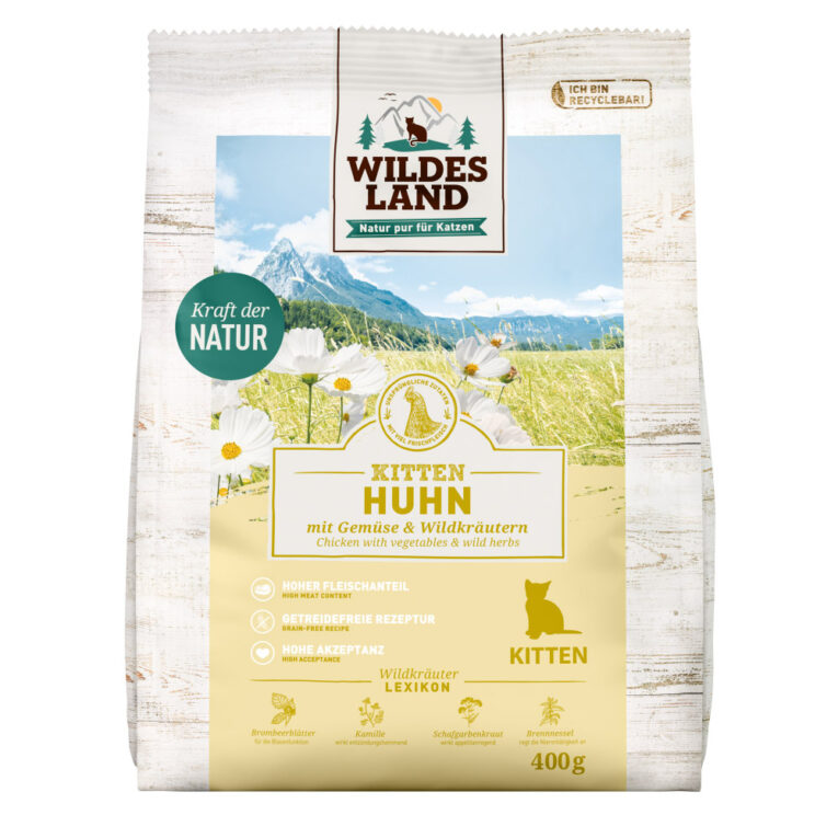 Wildes Land Classic Kitten Huhn Für das Wohlbefinden und die Gesundheit Ihres Kätzchens ist eine ausgewogene Ernährung mit hochwertigen Proteinen unerlässlich. Das Trockenfutter von Wildes Land basiert auf der Ursprünglichkeit und Kraft der Natur. Deshalb enthält die Sorte Kitten Huhn von Wildes Land kein Getreide und nur hochwertige Proteinquellen sowie Gemüse und wertvolle Wildkräuter für eine artgerechte Ernährung. Mit einer großen Portion an frischem Hühnerfleisch besitzt es eine ausgezeichnete Akzeptanz und Verträglichkeit. Die Rezeptur wird mit gut verträglichem Erbsen ergänzt - kombiniert nach den neuesten wissenschaftlichen Erkenntnissen. Zusätzlich fördern die ausgesuchten