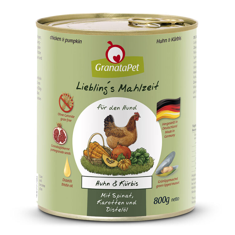 Huhn & Kürbis Das Nassfutter Huhn & Kürbis von Granatapet ist ein getreidefreies Hundefutter mit Grünlippmuschel und hochwertigen Ölen. Die getreidefreie Rezeptur besteht aus leckerem Entenfleisch - ausschließlich Muskelfleisch & hochwertige Innereien - und Kürbis. Das Nassfutter im Überblick: Hergestellt in Deutschland Mit Granatapfelkernen Mit hochwertigen Ölen Mit Grünlippmuschel Ohne Getreide und Zuckerzusatz Hoher Fleischanteil Ausschließlich Muskelfleisch & hochwertige Innereien. Granatapfelkerne: Reich an Vitaminen