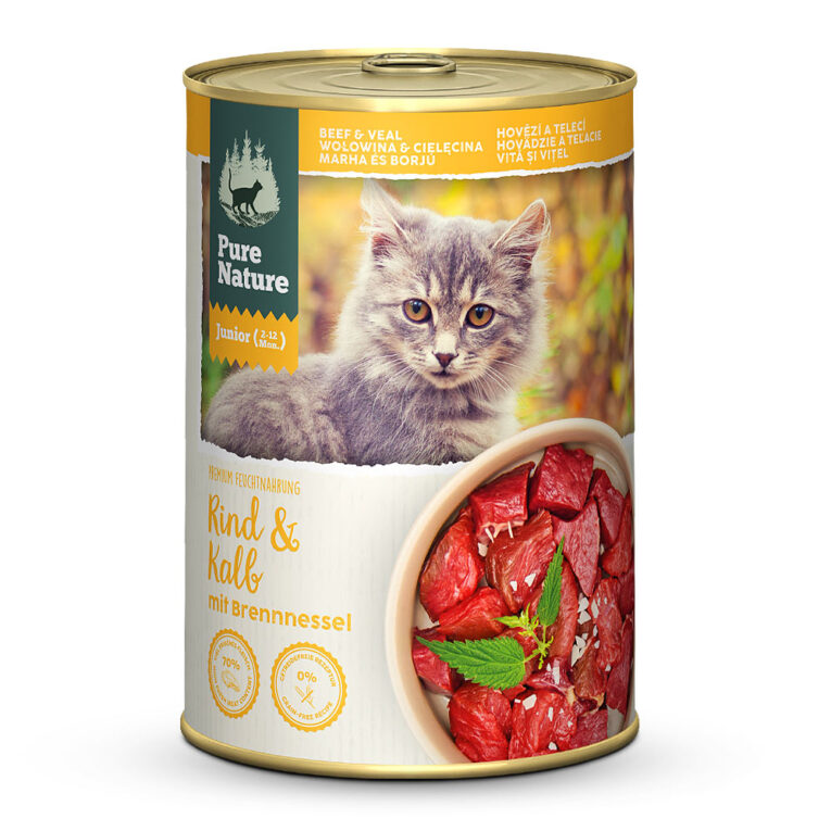 PureNature Junior Rind & Kalb Nassfutter Natürliches Alleinfuttermittel für heranwachsende Katzen von 2 bis 12 Monaten. Das Nassfutter Junior Rind & Kalb von PureNature im Überblick: Premium Feuchtnahrung Natürliches Alleinfuttermittel für heranwachsende Katzen von 2 bis 12 Monate 70 % Fleischanteil (62 % Rind