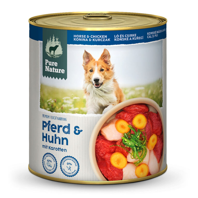 PureNature Adult Pferd & Huhn Nassfutter Natürliches Alleinfuttermittel für ausgewachsene Hunde. Das Nassfutter Adult Pferd & Huhn von PureNature im Überblick: Premium Feuchtnahrung Alleinfutter-Menü für ausgewachsene Hunde aller Größen und Rassen 62 % Fleischanteil (44 % vom Huhn
