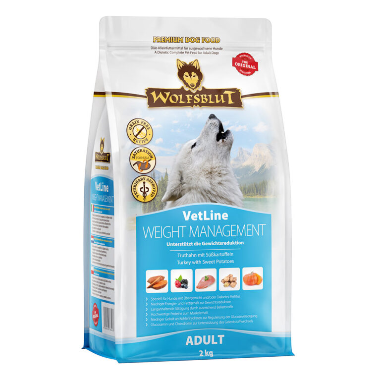 WEIGHT MANAGEMENT Bei Übergewicht und/oder Diabetes mellitus WOLFSBLUT VetLine WEIGHT MANAGEMENT ist ein Diät-Alleinfuttermittel für ausgewachsene Hunde zur Verringerung von Übergewicht und zur Regulierung der Glucoseversorgung (Diabetes mellitus). Ihr Hund liebt den Gang zum Napf mehr als den Spaziergang durch den Park? Er ist eher der gemütliche Typ oder kann sich aus anderen Gründen nicht mehr ausreichend bewegen? So oder so