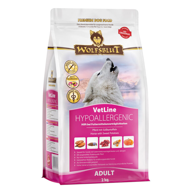 HYPOALLERGENIC Bei Futtermittelallergien und -unverträglichkeiten WOLFSBLUT VetLine HYPOALLERGENIC ist ein Diät-Alleinfuttermittel für ausgewachsene Hunde zur Minderung von Ausgangserzeugnis- und Nährstoffintoleranzerscheinungen in Verbindung mit chronischem Juckreiz