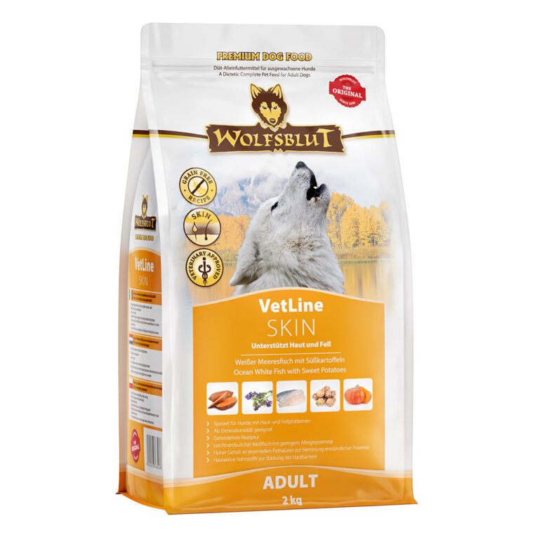SKIN Unterstützt bei Haut- und Fellproblemen WOLFSBLUT VetLine SKIN ist ein Diät-Alleinfuttermittel für ausgewachsene Hunde zur Unterstützung der Hautfunktion bei Dermatose und übermäßigem Haarausfall und zur Minderung von Ausgangserzeugnis- und Nährstoffintoleranzerscheinungen in Verbindung mit chronischem Juckreiz