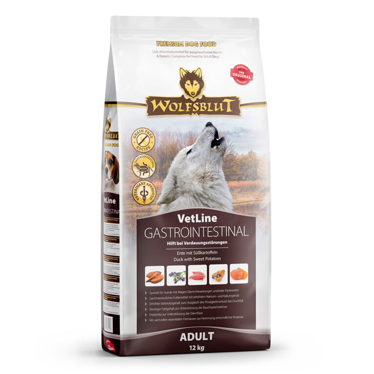 GASTROINTESTINAL bei Magen-Darm-Erkrankungen WOLFSBLUT VetLine GASTROINTESTINAL ist ein Diät-Alleinfuttermittel für ausgewachsene Hunde zur Linderung von Resorptionsstörungen des Darms und zum Ausgleich unzureichender Verdauung und bei chronischer Insuffizienz der Bauchspeicheldrüse. Ihr Hund leidet unter Durchfall oder Erbrechen oder an beidem? Und das nicht nur einmalig oder für kurze Zeit