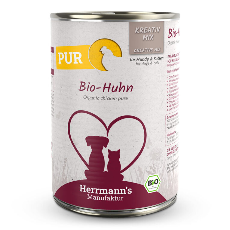 Herrmann’s Kreativ-Mix Bio Huhn Reinfleisch Mit unserer Pur-Linie beim KREATIV-MIX setzen wir auf 100 Prozent Fleisch – immer bestehend aus fettarmen Muskelfleisch und Innereien von Hühnern aus Biohaltung. Verwöhnen Sie Ihren Hund mit unserem hochwertigen BARF-Futter. Ohne künstliche Zusätze und Farbstoffe versorgt es ihren Vierbeiner mit allen wichtigen Nährstoffen für ein glückliches und gesundes Leben. Durch das ausgeklügelte Sortiment unseres Kreativ-Mixes für Hunde und Katzen können Sie die Ernährung Ihres Fellfreundes selbst zusammenstellen und somit die beste Basis für seine Gesundheit schaffen. Und das Beste daran ist: Sie können auch selbst kreativ werden und unser Futter mit hausgemachten Leckerbissen ergänzen! Geben Sie Ihrem Hund eine Ernährung