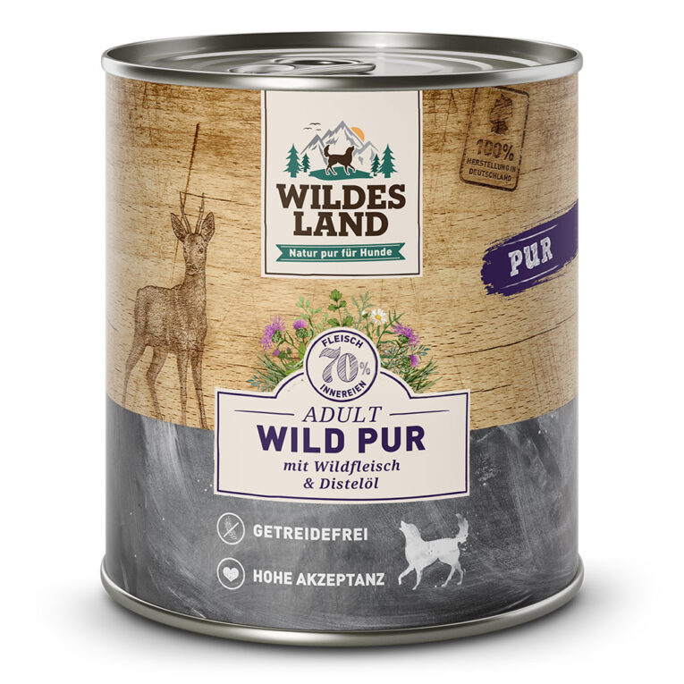 Wildes Land - Nassfutter - Wild PUR mit Distelöl 6 x 800 g Für das Wohlbefinden Ihres Hundes ist eine ausgewogene Ernährung mit hochwertigen Proteinen unerlässlich. Das Nassfutter von Wildes Land basiert auf der Ursprünglichkeit und Kraft der Natur. Deshalb enthält die Sorte Wild Pur von Wildes Land kein Getreide und nur hochwertige Proteinquellen für eine artgerechte Ernährung. Mit einem Gesamtanteil an Muskelfleisch und Innereien von mehr als 70 % besitzt es eine ausgezeichnete Akzeptanz und Verträglichkeit. Ergänzt wird die Rezeptur nur mit wertvollem Distelöl - kombiniert nach den neuesten wissenschaftlichen Erkenntnissen. Mit dem Wildes Land Nassfutter Wild Pur wird Ihr Hund mit allen wichtigen Nährstoffen und Vitaminen versorgt