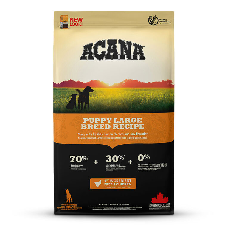 Acana - Trockenfutter - Heritage Puppy Large Breed (getreidefrei) Acana Heritage Puppy Large Breed ist ein natürliches Trockenfutter für Welpen großer Hunderassen. Die Rezeptur ist überwiegend auf Fleischbasis und enthält nur wenige Kohlenhydrate auf Kartoffelbasis. Frische Volleier von regionalen Farmen