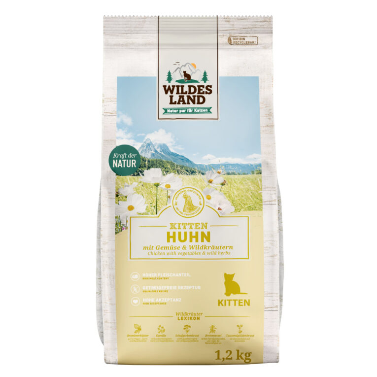 Wildes Land Classic Kitten Huhn Alleinfuttermittel für heranwachsende Katzen Für das Wohlbefinden und die Gesundheit Ihres Kätzchens ist eine ausgewogene Ernährung mit hochwertigen Proteinen unerlässlich. Das Trockenfutter von Wildes Land basiert auf der Ursprünglichkeit und Kraft der Natur. Deshalb enthält die Sorte Kitten Huhn von Wildes Land kein Getreide und nur hochwertige Proteinquellen sowie Gemüse und wertvolle Wildkräuter für eine artgerechte Ernährung. Mit einer großen Portion an frischem Hühnerfleisch besitzt es eine ausgezeichnete Akzeptanz und Verträglichkeit. Die Rezeptur wird mit gut verträglichem Erbsen ergänzt - kombiniert nach den neuesten wissenschaftlichen Erkenntnissen. Zusätzlich fördern die ausgesuchten