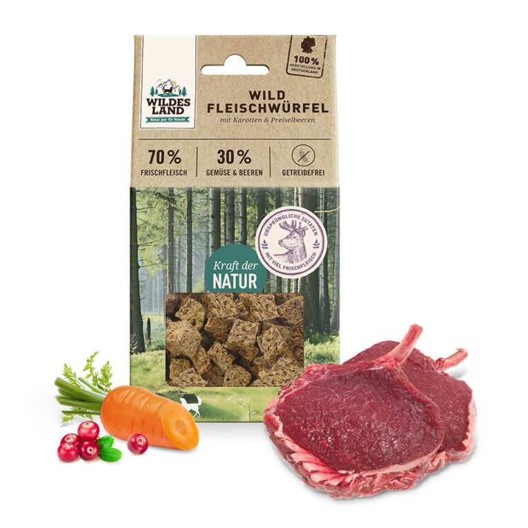 Fleischwürfel Wild 100 g Der Hundesnack Fleischwürfel Wild von Wildes Land zeichnet sich durch eine schmackhafte Rezeptur mit 70% frischem Wildfleisch