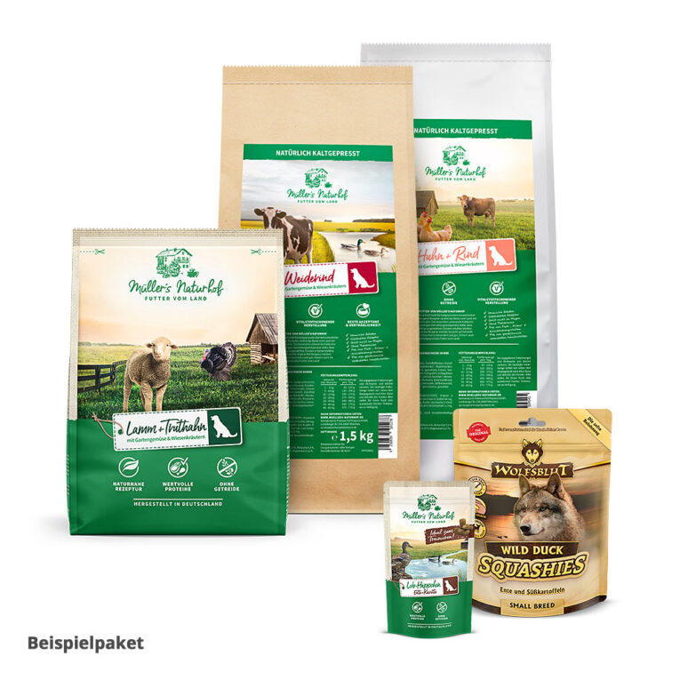 Trockenfutter & Snacks Probierpaket Jetzt können Sie die köstlichen Hundefutteroptionen von Müller´s Naturhof entdecken. Das Probierpaket zur individuellen Zusammenstellung bietet eine ideale Möglichkeit