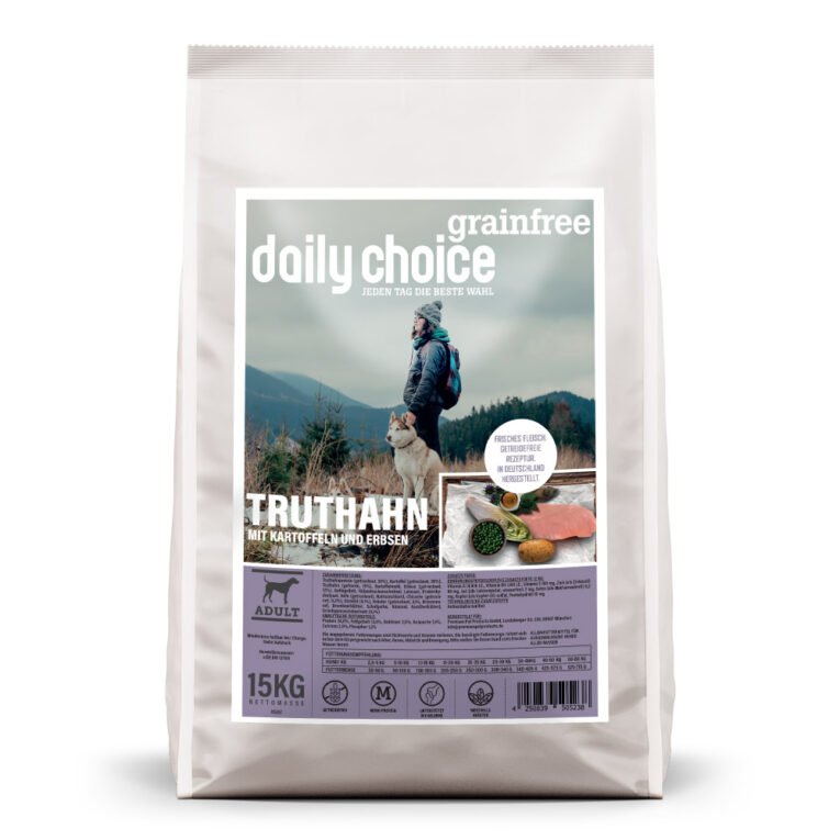 daily choice - Trockenfutter - Grainfree Truthahn mit Kartoffeln und Erbsen Das Trockenfutter im Überblick: Alleinfutter Mit Truthahn als einzige Proteinquelle Mit leckeren Kartoffeln also Kohlenhydratquelle Ohne Getreide Chicorée für eine optimale Verdaulichkeit Grünlippmuschel zur Unterstützung der Gelenke 100 % in Deutschland hergestellt Ohne chemische Farb- und Konservierungsstoffe Grainfree Truthahn mit Kartoffeln und Erbsen von daily choice ist eine ausgewogene und vollwertige Mahlzeit für den Hund. Das Hundefutter besteht aus 35 % Truthahnfleisch