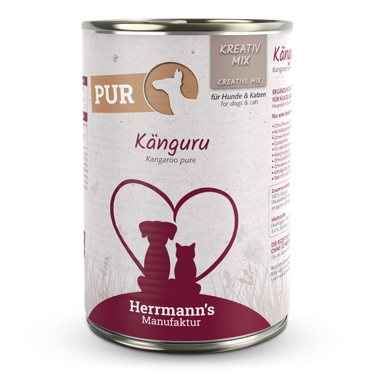 Herrmann’s Kreativ-Mix Känguru Reinfleisch Mit unserer Pur-Linie beim KREATIV-MIX setzen wir auf 100 Prozent reinstes Fleisch – immer bestehend aus Muskelfleisch und Innereien vom Känguru. Verwöhnen Sie Ihren Hund mit unserem hochwertigen BARF-Futter aus fettarmen Känguru. Ohne künstliche Zusätze und Farbstoffe versorgt es ihren Vierbeiner mit allen wichtigen Nährstoffen