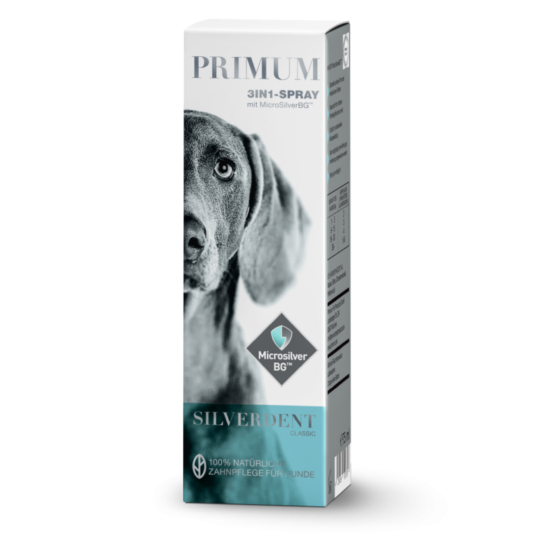 Primum - Zahnpflege - SilverDent Classic 3in1 Spray Primum Silver Dent Classic 3in1 Spray mit MicroSilverBG verbessert nachhaltig die Maulhygiene Ihres Hundes und sorgt für schöne und gesunde Zähne. Die Zahnpflege-Produkte von Primum sind zu 100% natürlich und gut verträglich. Warum ist Zahnpflege beim Hund wichtig? Leidet Ihr Hund unter Zahnschmerzen oder entzündetem Zahnfleisch