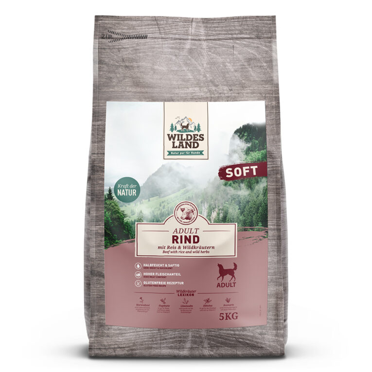 Rind mit Reis und Wildkräutern aus der Linie Soft Adult Alleinfuttermittel für ausgewachsene Hunde Für das Wohlbefinden und die Gesundheit Ihres Hundes ist eine ausgewogene Ernährung unerlässlich. Das halbfeuchte Trockenfutter Rind mit Reis & Wildkräutern von Wildes Land versorgt Ihren Hund