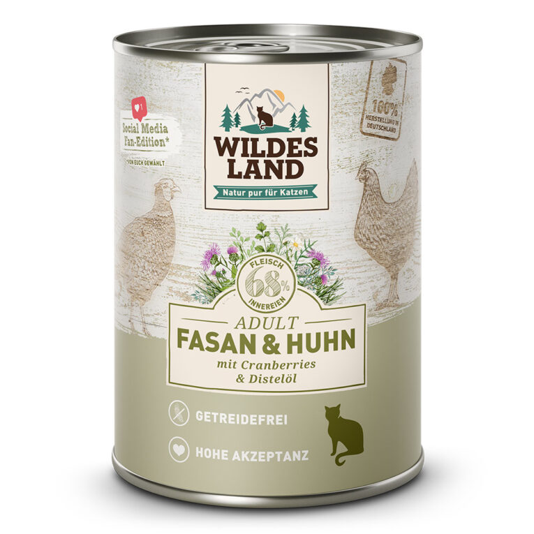 Wildes Land - Fasan und Huhn 6 x 200 g Die Wildes Land Fans haben auf Social Media abgestimmt und haben sich als neue Wildes Land Katzennassfuttersorte für Huhn & Fasan entschieden. Da für das Wohlbefinden Ihrer Katze ist eine ausgewogene Ernährung mit hochwertigen Proteinen unerlässlich ist