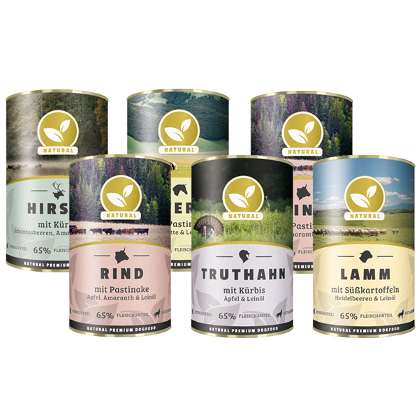 Natural - Nassfutter - Probe-Paket für Hunde (getreidefrei) Das Probe-Paket für den Hund von Natural beinhaltet folgende Futtersorten: 1 x Hirsch mit Kürbis