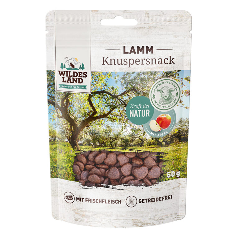 Wildes Land Knuspersnack Lamm mit Apfel Ergänzungsfuttermittel für Katzen Der Wildes Land Knuspersnack Lamm mit Apfel besticht mit einer hohen Akzeptanz durch den Anteil an frischem Lammfleisch. Durch die besondere Herstellung ist der getreidefreie Snack extra knusprig. Als kleine Belohnung zwischendurch bringt der Knuspersnack Abwechslung in den Katzenalltag und kann die Bindung zwischen Mensch und Tier stärken. Wie immer stehen die natürlichen Zutaten bei Wildes Land im Vordergrund