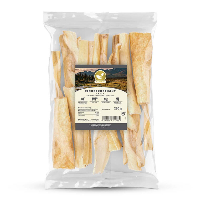 Natural - Kausnack - Rinderkopfhaut Rinderkopfhaut von Natural ist ein schonend luftgetrockneter Kausnack für Ihren Hund. Der fettarme