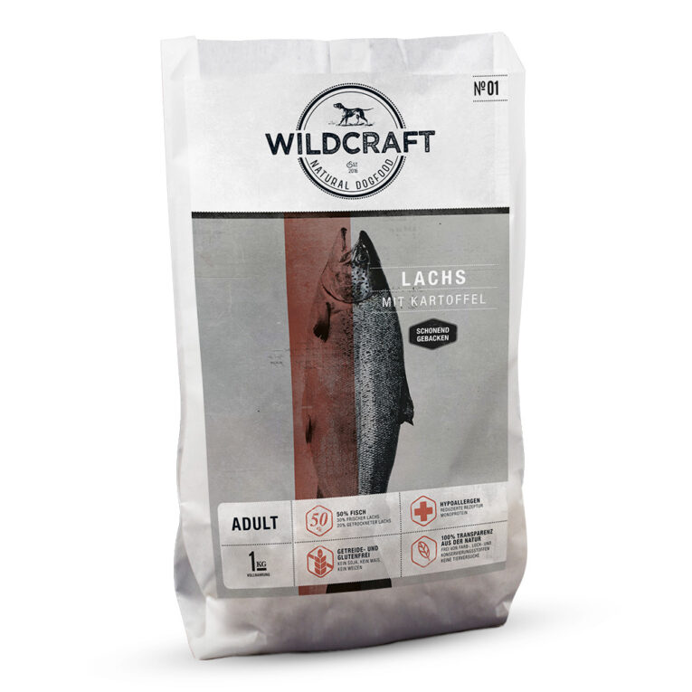 Wildcraft - Trockenfutter - Lachs mit Kartoffel (getreidefrei) Das besonders schmackhafte Hundefutter Lachs mit Kartoffel bietet natürliche und qualitativ hochwertige Zutaten und ist somit eine vollwertige Hausmannskost für Ihren Hund. Wildcraft Trockenfutter wird mit einem schonenden Backverfahren hergestellt. Diese bewusste und schonende Zubereitung des Futters aus frischen