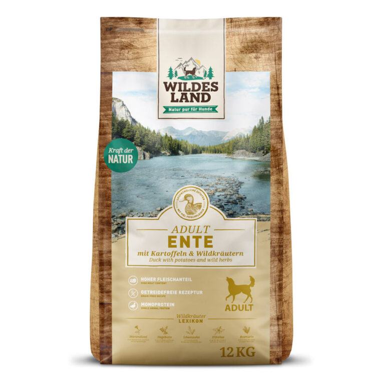 Trockenfutter Ente mit Kartoffeln und Wildkräutern 30 kg aus der Linie Classic Adult Alleinfuttermittel für ausgewachsene Hunde Unser Trockenfutter basiert auf der Grundlage der Ursprünglichkeit und Kraft der Natur. Ente mit Kartoffeln und Wildkräutern überzeugt nicht nur durch eine qualitativ hochwertige Zusammensetzung mit hohem Fleischanteil aus frischem und getrocknetem Entenfleisch