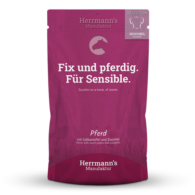 Pferd mit Süßkartoffel und Zucchini Alleinfuttermittel für ausgewachsene Hunde Was ist drin? 50 % Pferd mit bekömmlicher und nährstoffreicher Süßkartoffel. Das Menü ist ein Klassiker für Hunde mit Allergien oder Intoleranzen