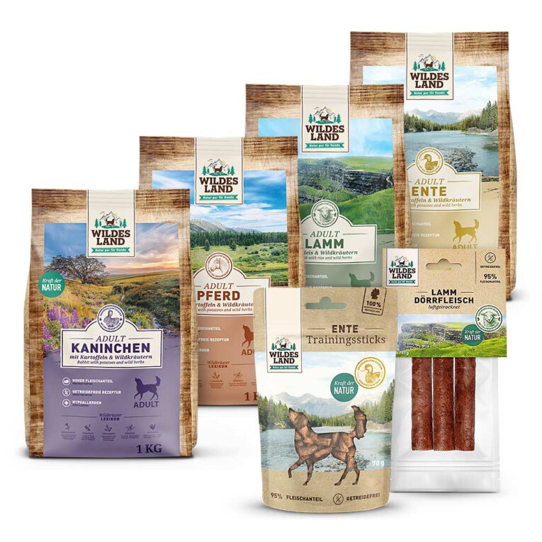 Probierpaket Trockenfutter Mixen Sie sich Ihr Probierpaket für Hunde von Wildes Land ganz einfach selbst und lernen Sie die Marken kennen. Es enthält 4 x 1 kg Trockenfutter in vielen verschiedenen Sorten