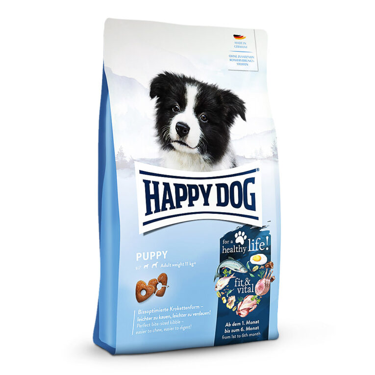 Happy Dog Fit & Vital Puppy Happy Dog fit & vital Puppy ist ideal abgestimmt auf die Bedürfnisse von Welpen ab dem 1. Lebensmonat. Die leckere und vollwertige Vitalkost basiert auf dem einzigartigen Happy Dog Natural Life Concept® und unterstützt ein harmonisches Wachstum bis zum sechsten Lebensmonat. Damit dein Welpe unbeschwert in ein langes