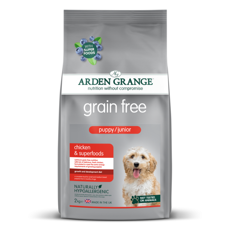 Arden Grange grain free puppy/junior Huhn & Superfoods Arden Grange Grain Free Puppy/Junior Huhn & Superfoods ist ein komplettes Super-Premium-Futter für Welpen und heranwachsende Hunde. Diese kaloriendichte Krokette liefert alle Nährstoffe