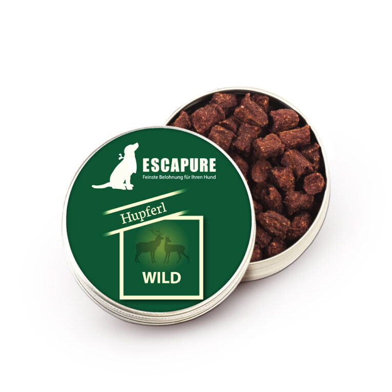 Escapure - Kausnack - Wild Hupferldose (getreidefrei) Verpackt in der praktischen Dose passen die schmackhaften Motivationshupferl in jede Hosentasche und gehören in die mobile Ausstattung eines jeden Hundebesitzers. Sicher in der Dose verpackt