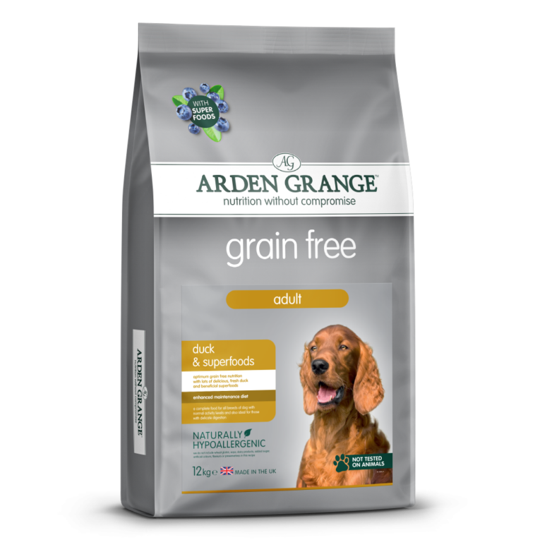 Arden Grange Grain free Adult Ente & Superfoods Arden Grange Grain Free Adult Ente & Superfoods ist ein Premium-Alleinfuttermittel für normal aktive erwachsene Hunde. Die Proteinquelle Ente (43 %) ist besonders reich an Vitaminen und Mineralien. Arden Grange verzichtet bei der Rezeptur bewusst auf Getreide und setzt dabei auf alternative