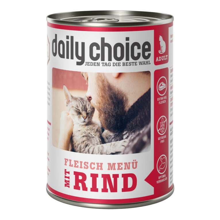 daily choice - Nassfutter - Fleischmenü mit Rind (getreidefrei) Das daily choice Nassfutter Fleischmenü mit Rind liefert Ihrer Katze eine getreidefreie Mahlzeit mit purem Fleischgenuss. Durch einen besonders hohen Fleischanteil von 70% frischem Fleisch und Innerein bietet das Katzenfutter ein besonderes Geschmackerlebnis. Auf getreidehaltige Kohlehydrate wird dabei bewusst verzichtet