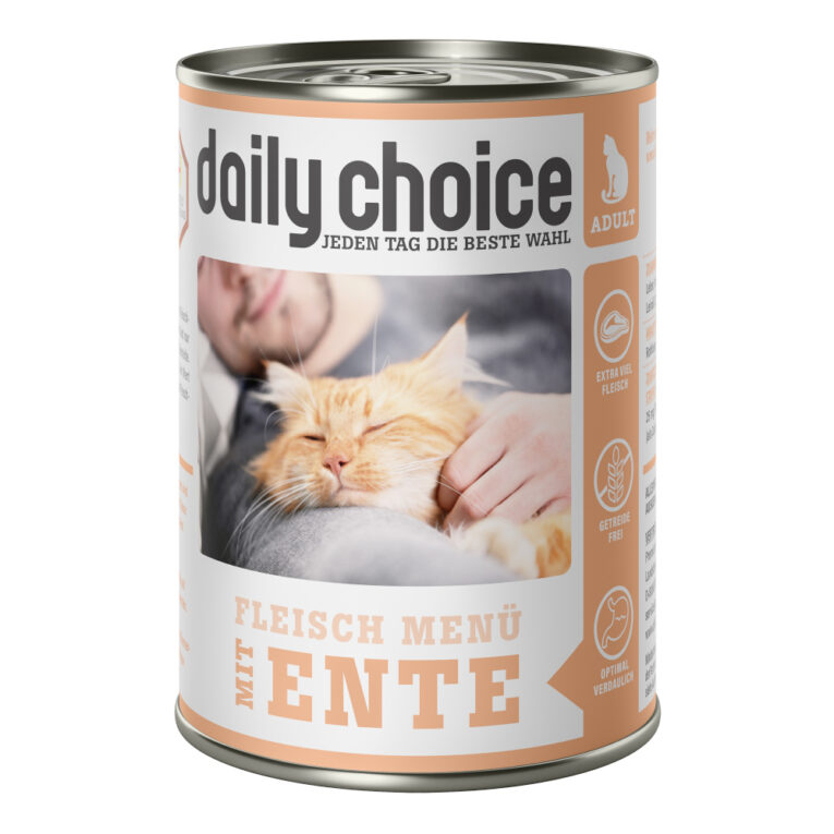 daily choice - Nassfutter - Fleischmenü mit Ente (getreidefrei) Das Nassfutter Fleischmenü mit Ente von daily choice im Überblick: 100% in Deutschland hergestellt Pures Fleisch und Innereien Mit hochwertigem Leinöl Hoher Fleischanteil (70%) Getreidefreie Rezeptur Optimale Verträglichkeit Ohne Tierversuche Ohne chemische Farb- und Konservierungsstoffe daily choice - Jeden Tag die beste Wahl. Das daily choice Nassfutter Fleischmenü mit Ente liefert eine getreidefreie Mahlzeit mit purem Fleischgenuss. Durch einen besonders hohen Fleischanteil von 70% frischem Fleisch und Innerein bietet das Katzenfutter ein besonderes Geschmackerlebnis. Auf getreidehaltige Kohlehydrate wird dabei bewusst verzichtet