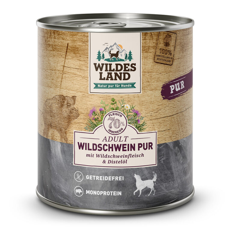Pur Wildschwein mit Distelöl 800 g Das Nassfutter Wildschwein Pur von Wildes Land mit hochwertigem Wildschweinfleisch