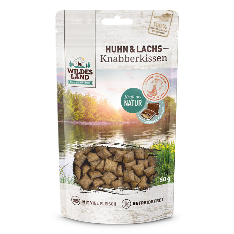 Knabberkissen Huhn und Lachs Ergänzungsfuttermittel für Katzen Die Wildes Land Knabberkissen Huhn und Lachs enthalten viel Hühnerfleisch und Lachs sowie wichtige Vitamin und Taurin