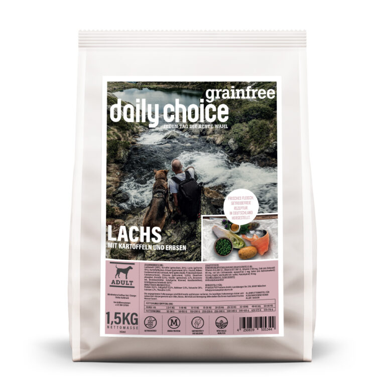 daily choice - Trockenfutter - Grainfree Lachs mit Kartoffeln und Erbsen (getreidefrei) Das Trockenfutter im Überblick: Getreidefreie Rezeptur mit Kartoffel Monoproteinfutter 35% Lachs Kräuter mit entzündungshemmender Wirkung Chicorée für eine optimale Verdaulichkeit Grünlippmuschel zur Unterstützung der Gelenke 100% in Deutschland hergestellt Alleinfuttermittel für Hunde aller Rassen Das Trockenfutter daily choice Grainfree Lachs mit Kartoffeln und Erbsen überzeugt aufgrund des Verzichtes auf getreidehaltige Kohlenhydrate und dem Einsatz von nur einer Proteinquelle durch eine hohe Akzeptanz und gute Verträglichkeit. Zudem ist es auch für Allergiker geeignet. Erbsen und Chicorée liefern wertvolle Eiweiße und können die Verdauung positiv beeinflussen. Zudem wirkt das Extrakt der neuseeländischen Grünlippmuschel unterstützend auf die Gelenke. Die Zugabe wertvoller Kräuter wie Brennnessel